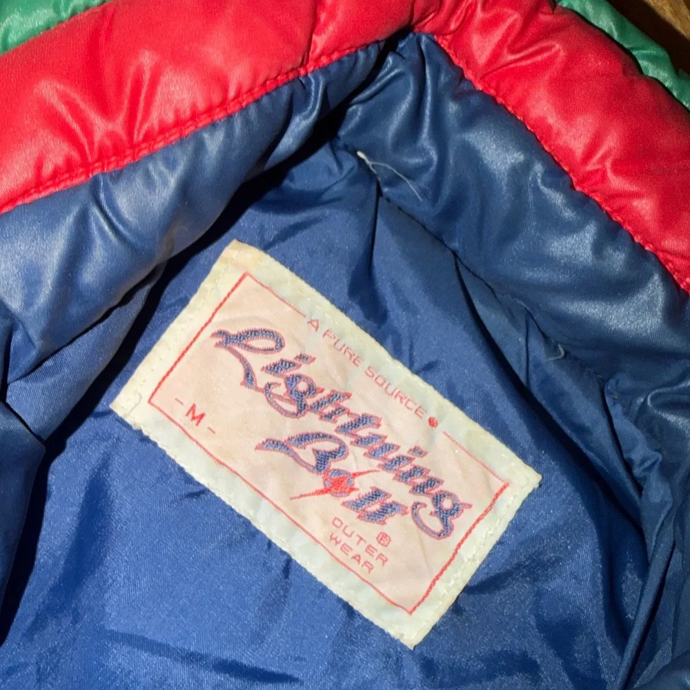 RARE Vintage Late 70s Lightning Bolt Hawaiian Production Rainbow Puffer Vest, M - Picture 7 of 10